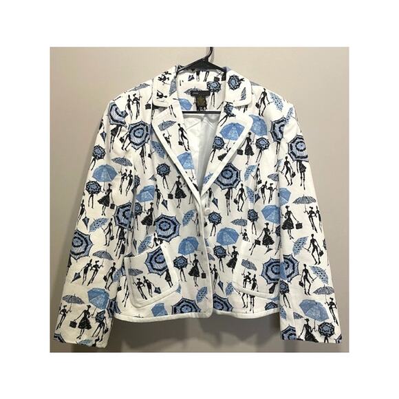 White Blue Fashion Print Cotton Blend Blazer Embroidered Women's Sz 14 - Picture 1 of 10